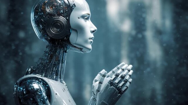 The Technological Contemplation: An android with intricate detail, positioned with a sense of focus, in a futuristic scene, a vision of technological advancements and innovation. 