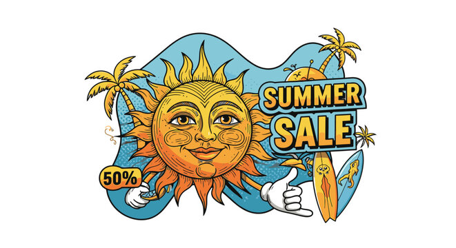 Summer sale discount sign with sun.