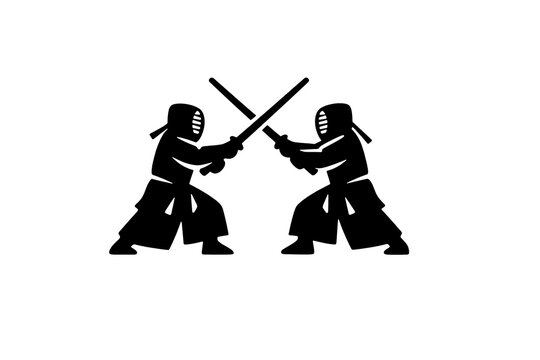 Kendo icon sword fighting emblem simple figures practitioners sparing. Black and white minimalist logo illustration 