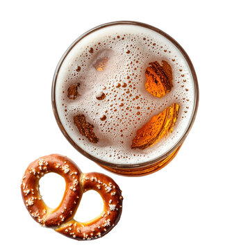 Overhead View Of Beer Glass With Foam And Pretzel Snack Against Transparent Background