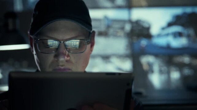 Monitoring security feeds, an employee in glasses and special attire analyzes footage on a tablet monitor. He sits amidst a wall of multiple video surveillance screens in a control room