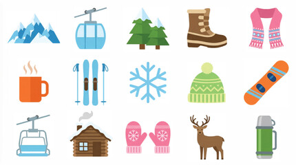 Winter ski resort flat icon set, 15 colorful mountain vacation vector elements, outdoor sports and cold weather equipment collection for travel design © Muhammad