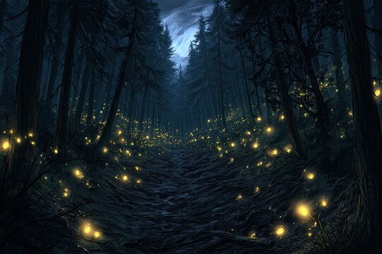 Bioluminescent fireflies illuminating a dark forest path at night with cinematic long exposure for fantasy storytelling and nature marketing