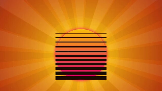 Retro synthwave sunset with horizon lines and glowing radial rays