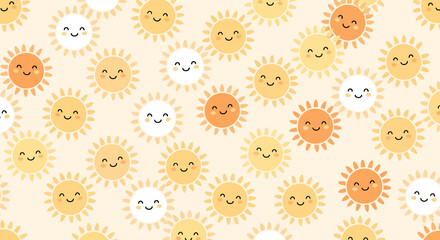 Fototapeta premium Cute Sun Pattern: Cheerful Yellow and Orange Suns with Happy Faces on a Soft Background