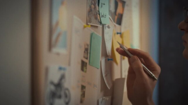 Mans hand seen organizing tasks wall covered vibrant sticky notes during working hours indoors, illustrating meticulous approach to work planning organization methodically pinning distributing tasks