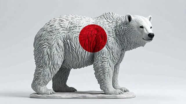 Bear statue with red circle highlighting geometric patterns and contemporary art