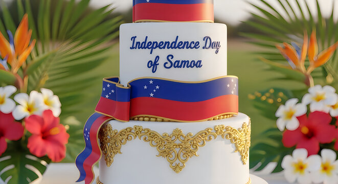 Samoa day celebration independence day cake with national flag and tropical flowers