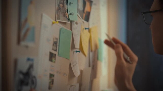 An intelligent man wearing glasses stands by a wall-mounted whiteboard, brainstorming complex tasks on sticky notes to devise effective problem-solving strategies, meticulously organizing his thoughts