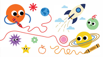 Cute outer space vector illustration with cartoon planets and rocket ship, whimsical galaxy characters drawing with crayons, playful educational cosmic background © Muhammad