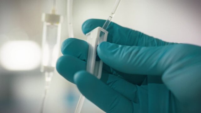 Gloved doctors hand precisely regulates the internal infusion drips flow rate in hospital setting, carefully controlling fluid transfusion speed, ensuring safe and effective medical treatment process