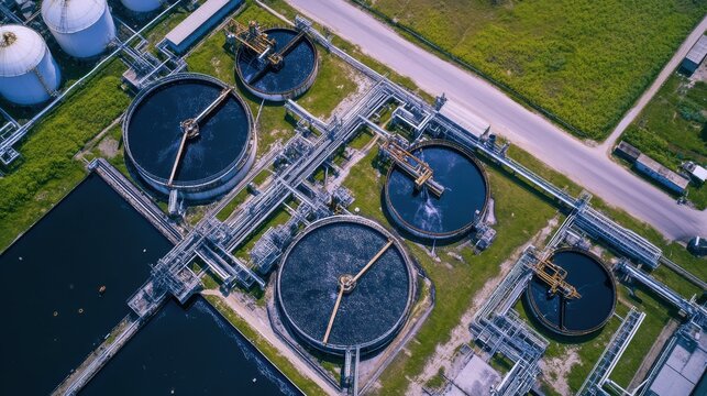Aerial view of a wastewater treatment plant with circular tanks