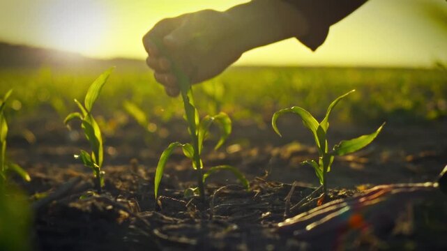 Young farmer examines green corn stalk on an open farm, closely monitoring the growth and cultivation of maize for bountiful harvest, implementing sustainable farming practices to ensure healthy crop
