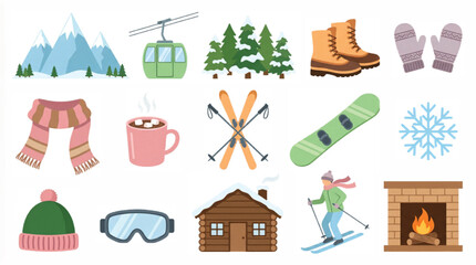Winter sports and mountain resort icons, flat vector collection of 15 ski and snowboard elements, cozy cabin and outdoor activity graphics © Muhammad
