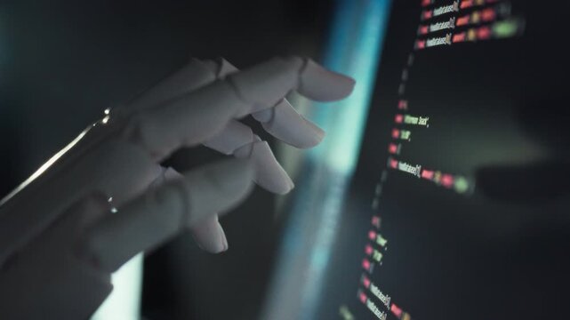 A robotic system receives a command signal, leveraging mechatronics and artificial intelligence to autonomously write software code, embodying development automation and futuristic technology
