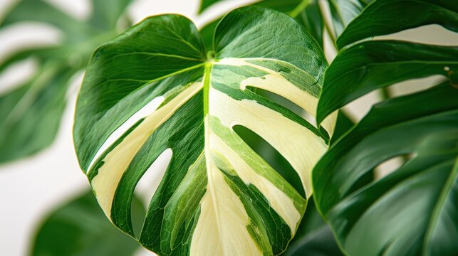 Monstera variegata leaf showcasing cream white patterns and green fenestrations in a sharp macro shot for luxury interior design branding