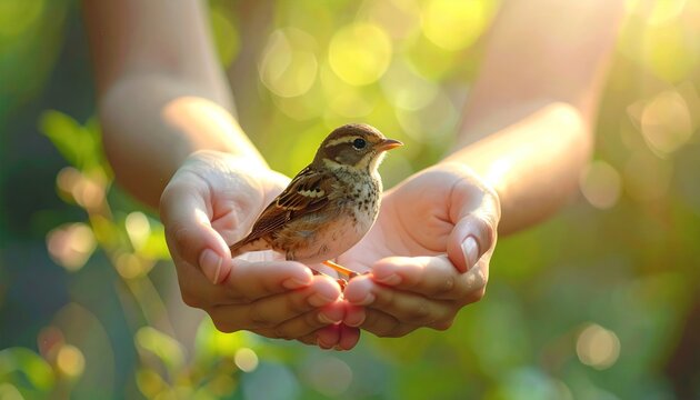 Gentle hands cradling a small bird in a sunlit garden.