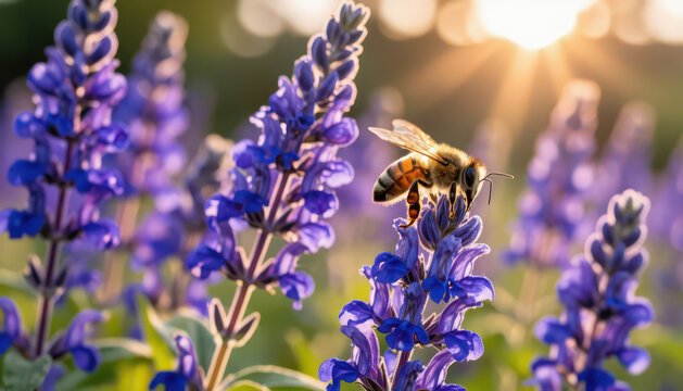 A bee hovers near purple flowers, collecting pollen. The bee and flowers coexist in a lush garden under the glowing sunlight.