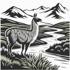 Fototapeta premium Stylized illustration of a llama in a green and black mountainous landscape