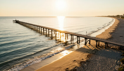 Fototapeta premium The wooden pier extends over calm water, reflecting the setting sun. The beach stretches alongside with gentle waves lapping at the shore, creating a serene scene.