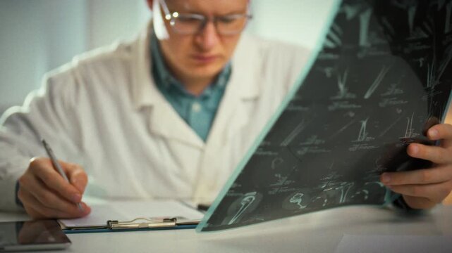 A medical specialist analyzes a large MRI film with multiple angles, entering key patient data into the medical record. This precise step supports fracture diagnosis and treatment planning