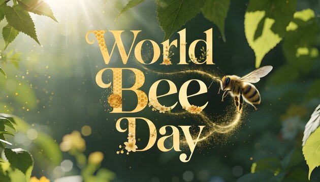 World Bee Day typography with honeybee and foliage