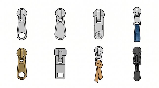Collection of various zipper pullers and sliders, essential accessories for clothing and bags, isolated on a white background.