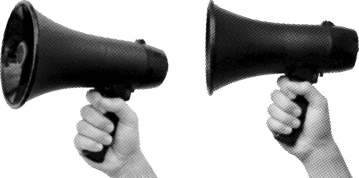 Two hands holding megaphones with halftone effect on white background for communication and announcement concepts