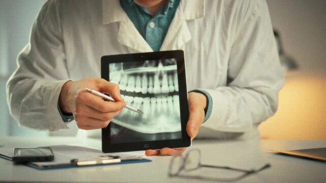 A dentist in a bright modern office shows a patient a panoramic tooth image on a touch tablet during a consultation, pinpointing problem spots and clearly outlining each treatment step