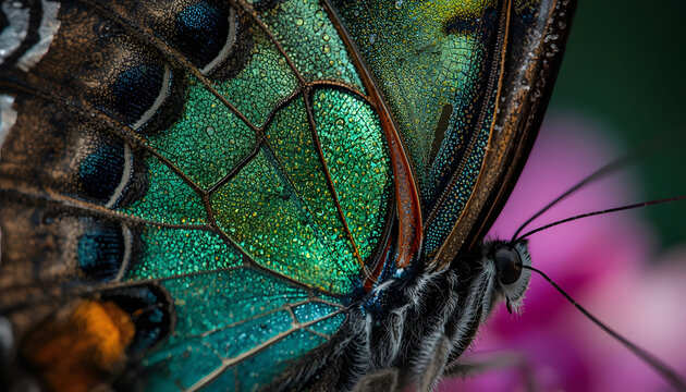 Butterfly wing scales featuring iridescent emerald patterns in extreme macro photography for biological research and scientific education