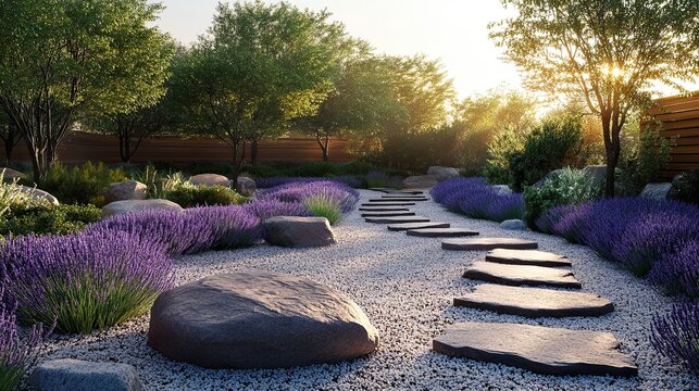 Modern oriental zen courtyard landscape, an outdoor private garden blending minimalism and natural aesthetics, features grey stone stepping paths interspersed with gravel, lush purple lavender flower