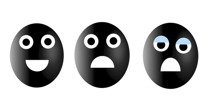 Black oval emoji faces showing happy surprised and sad expressions isolated.