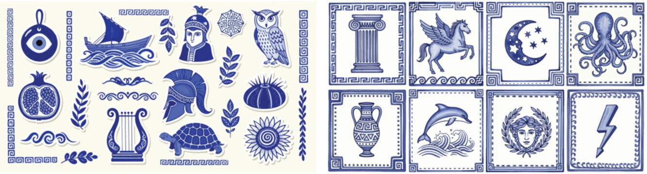 Ancient Greek Mythology Icon Set and Ceramic Tile Patterns in Blue and White Mediterranean Style on Cream Background