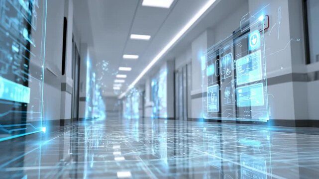 Digital Realm: A futuristic hospital hallway with advanced technology integrated, creating a sense of innovation and progress, bathed in a cool, calming blue light.