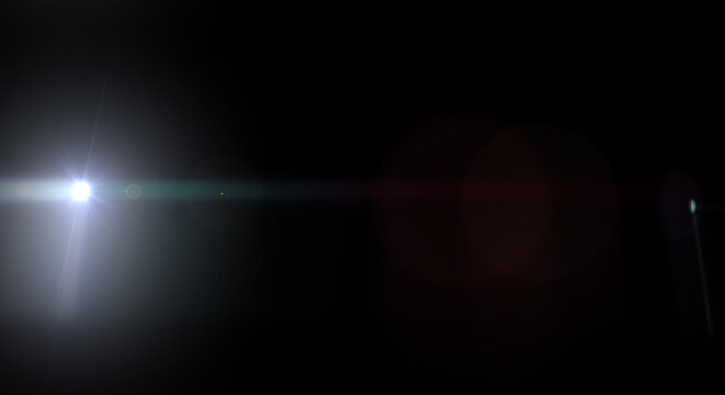 Optical lens flare overlay with bright anamorphic light leak, realistic glow,