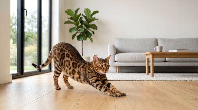 A beautiful Bengal cat performs a deep stretch on a light wood floor in a bright, modern living room with large glass doors and minimalist decor.