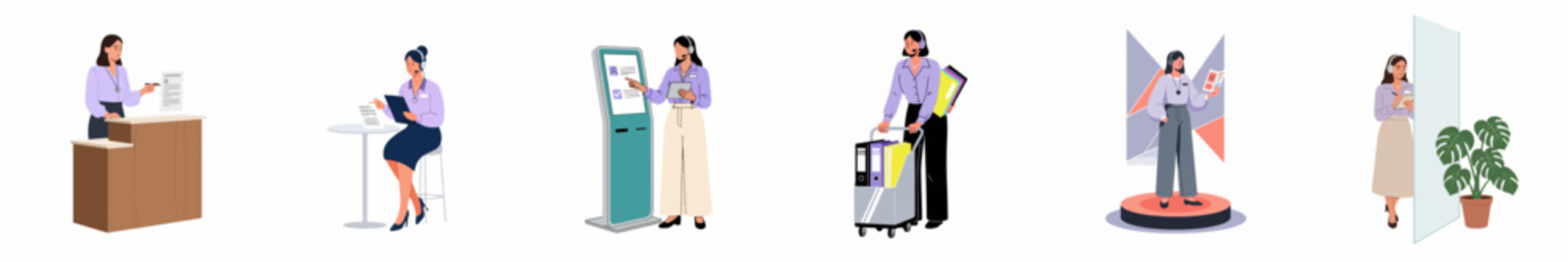 Set of professional women in various office and customer service roles like reception, administrative support, and information desk tasks, flat vector illustration.