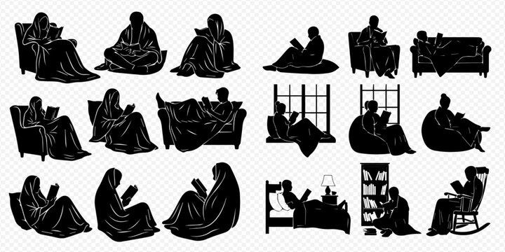 Collection of silhouettes depicting people reading books in various comfortable positions and settings, including chairs, beds, and floors.