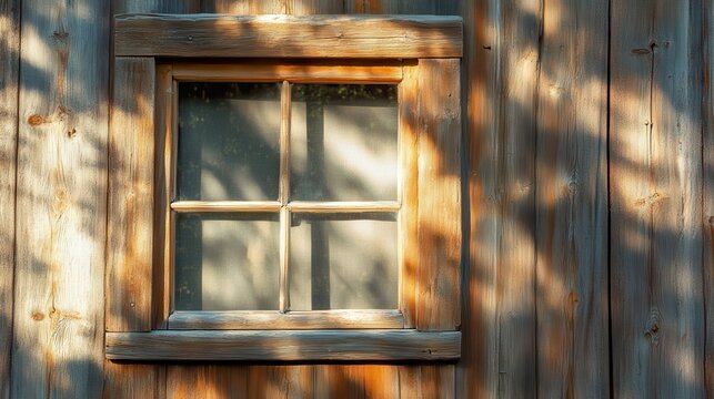 Rustic wooden window frame on weathered log cabin wall