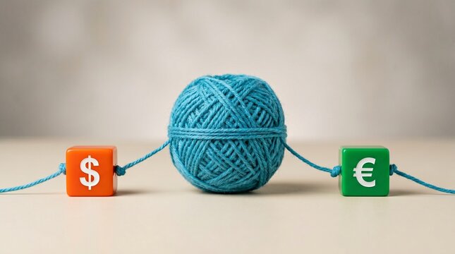 Challenges with currency conversion representation of the global economy showing the dollar and euro currencies literally "tied" together by a blue thread on a neutral wooden surface.