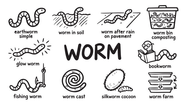 Worm doodle collection featuring earthworm life cycles and composting bin illustrations in black and white line art.