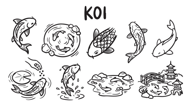 Koi fish pond collection with japanese carp swimming in circles and traditional garden scenery illustrations.
