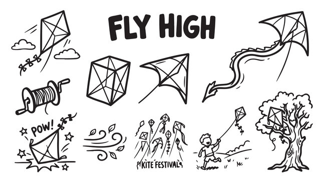 Kite flying illustration set with various designs like diamond box and dragon shapes in hand drawn doodle style.