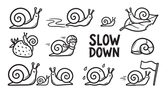 Slow down snail character collection for patience and mindfulness concepts.