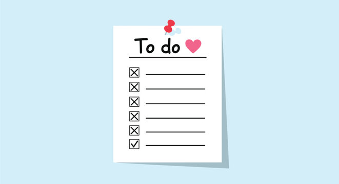 White paper pinned to a light blue wall with a list titled to do featuring checkboxes, lines, and a small pink heart decoration.