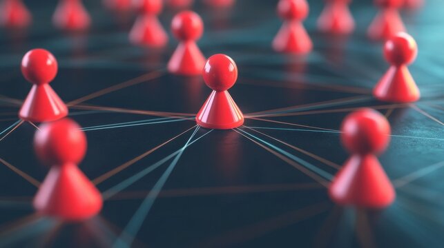 Abstract network of interconnected red pawns on dark background