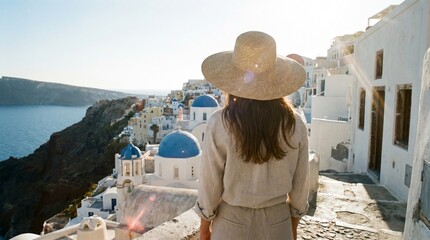 Obraz premium Woman in straw hat walking through whitewashed village by the sea in Greece