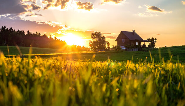 Rural house silhouette at sunset over a grassy field with sun rays shining through clouds, evoking peace and tranquility