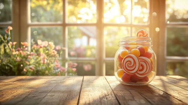 Swirl lollipops in a glass jar resting on a rustic wooden table during golden hour with a sunlit garden background for confectionery marketing
