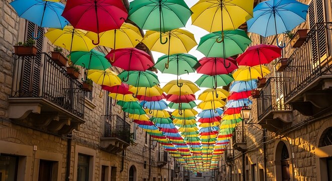 Many colorful umbrellas hanging above a narrow street in a city during a bright sunny summer day. ombrelli